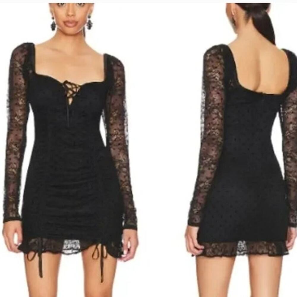 NWT MAJORELLE Sienna Lace Long Sleeve Ruched Bodycon Mini Dress Black Size M